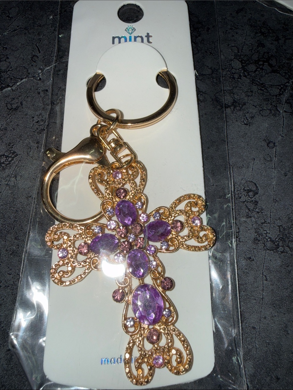 Mint Gold-Tone Cross Keyring with Purple Gemstones